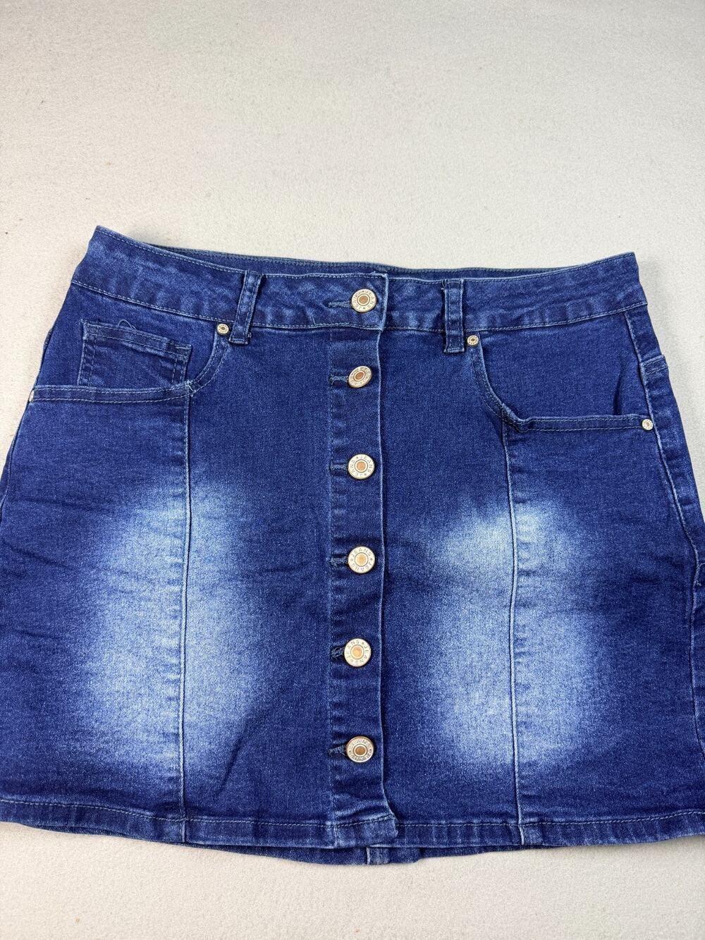 Dark Wash Denim Mini Skirt Faux Button Front A-Line Stretch Women's Size Medium